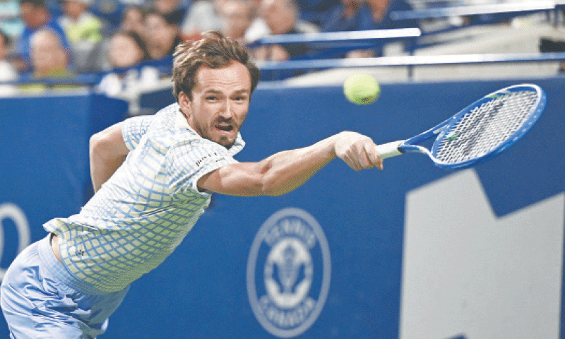 Toronto: Russia’s Daniil Medvedev plays a shot against Alexei Popyrin of Australia during their Toronto Masters third-round match at the Sobeys Stadium.—Reuters